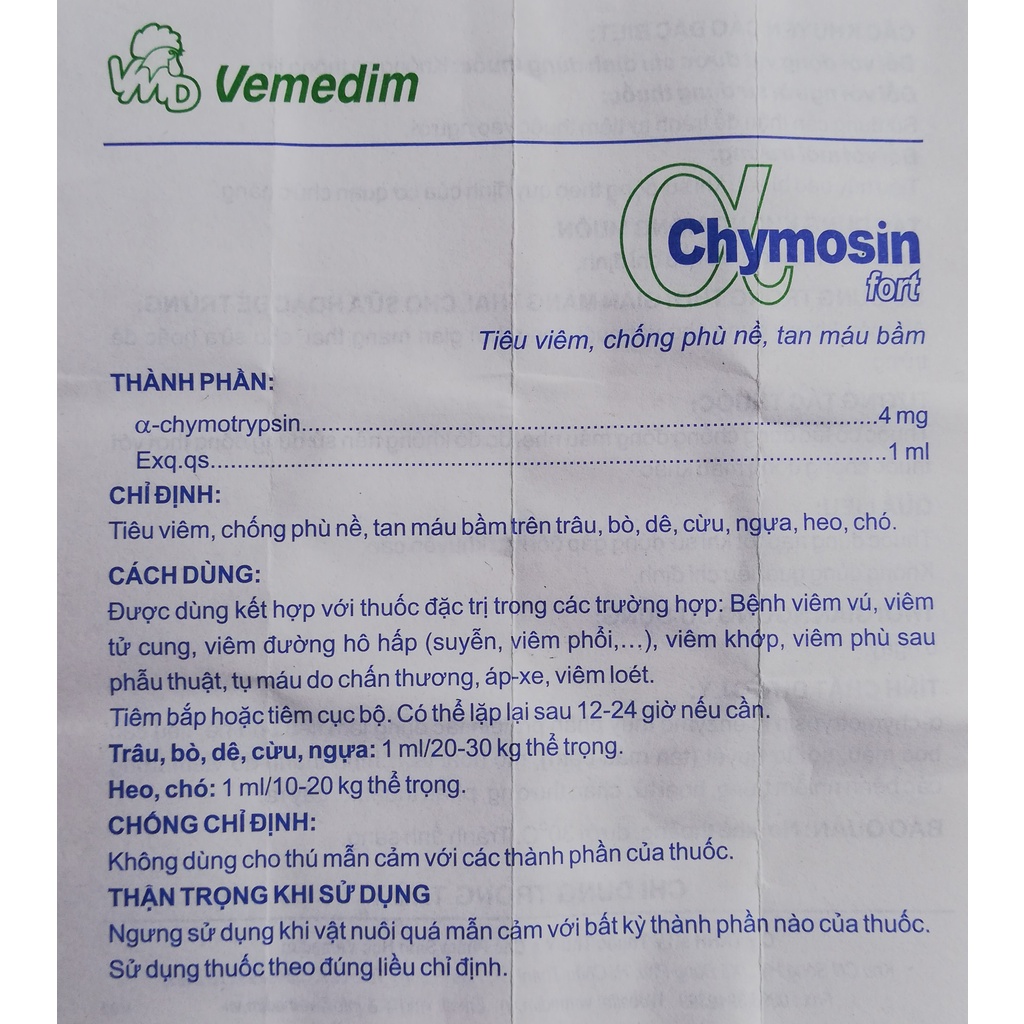 1 lọ Chymosin Fort 20 ml Dùng tiêu vi-êm, ch-ống phù nề, tan m-áu bầm trên trâu, bò, dê, cừu, ngựa, heo, chó, gà chọi