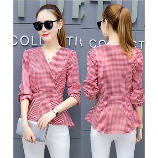 (XANH/  ĐỎ )Áo peplum tay dài