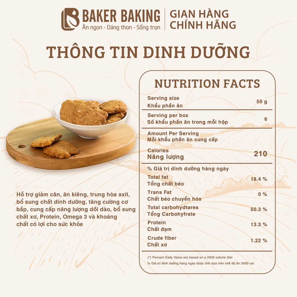 Bánh quy ăn kiêng Baker Baking hạnh nhân dừa phù hợp người ăn kiêng, eatclean, tiểu đường tốt cho sức khỏe 100g