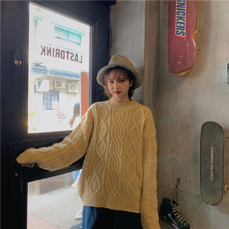 Áo Sweater Dệt Kim Cổ Tròn Dáng Rộng Màu Sắc Trơn Phong Cách Hàn Quốc Thời Trang Thu Đông Cho Nữ