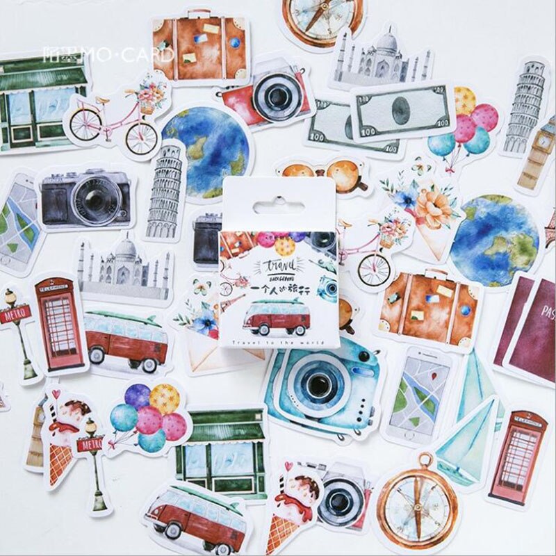 46pcs/ Box，Travel Box Stickers Notebook Albums Kawaii Decoration Craft Gifts Scrapbook Seal Stickers Decor Children's Stationery