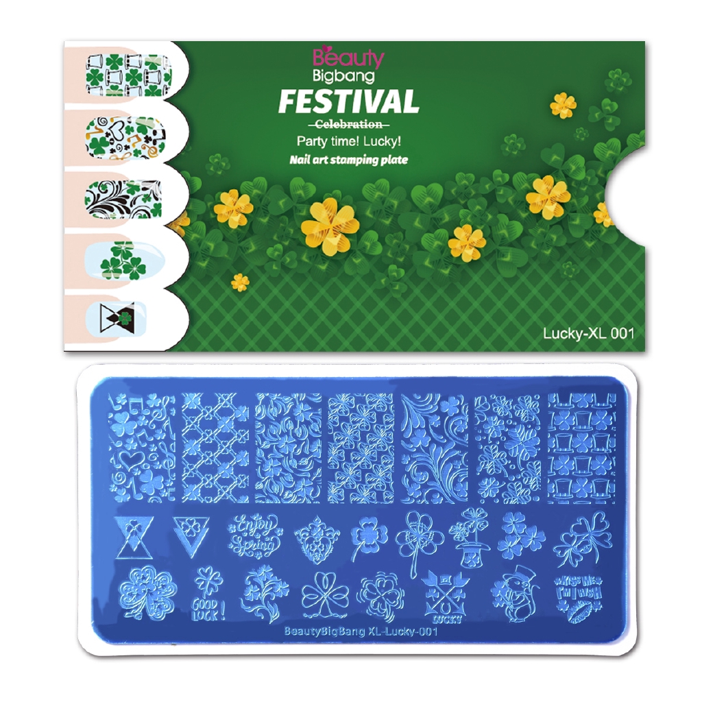 BEAUTYBIGBANG Lucky XL-001 Rectangle Nail Stamping Plate St. Patrick's Day Four-leaf clover lucky Theme Manicure Nail Art Image Template Manicure Stencils Tool CEP