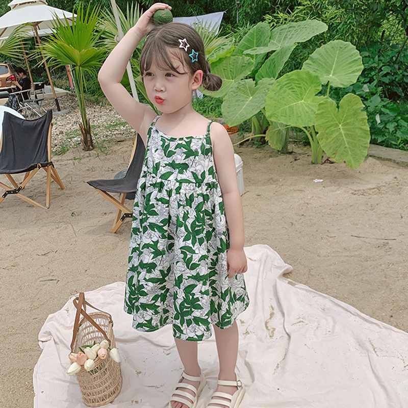 Đầm Hai Dây Hở Lưng In Họa Tiết Hoa Thời Trang Mùa Hè Hàn Quốc Cho Bé Gái