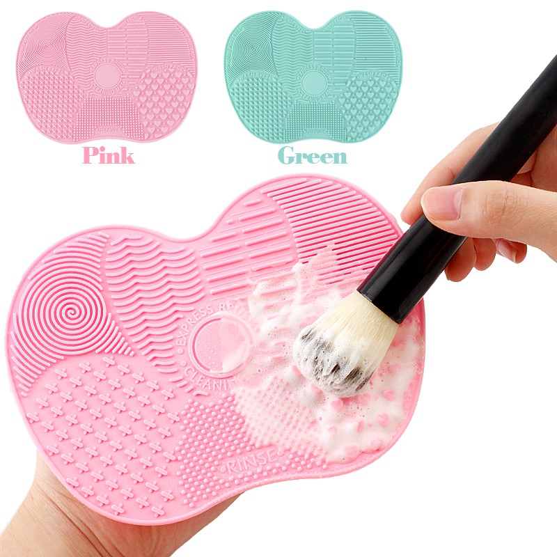 Miếng vệ sinh cọ trang điểm bằng Silicon nhỏ gọn kèm cốc hút màu hồng/xanh lá cây