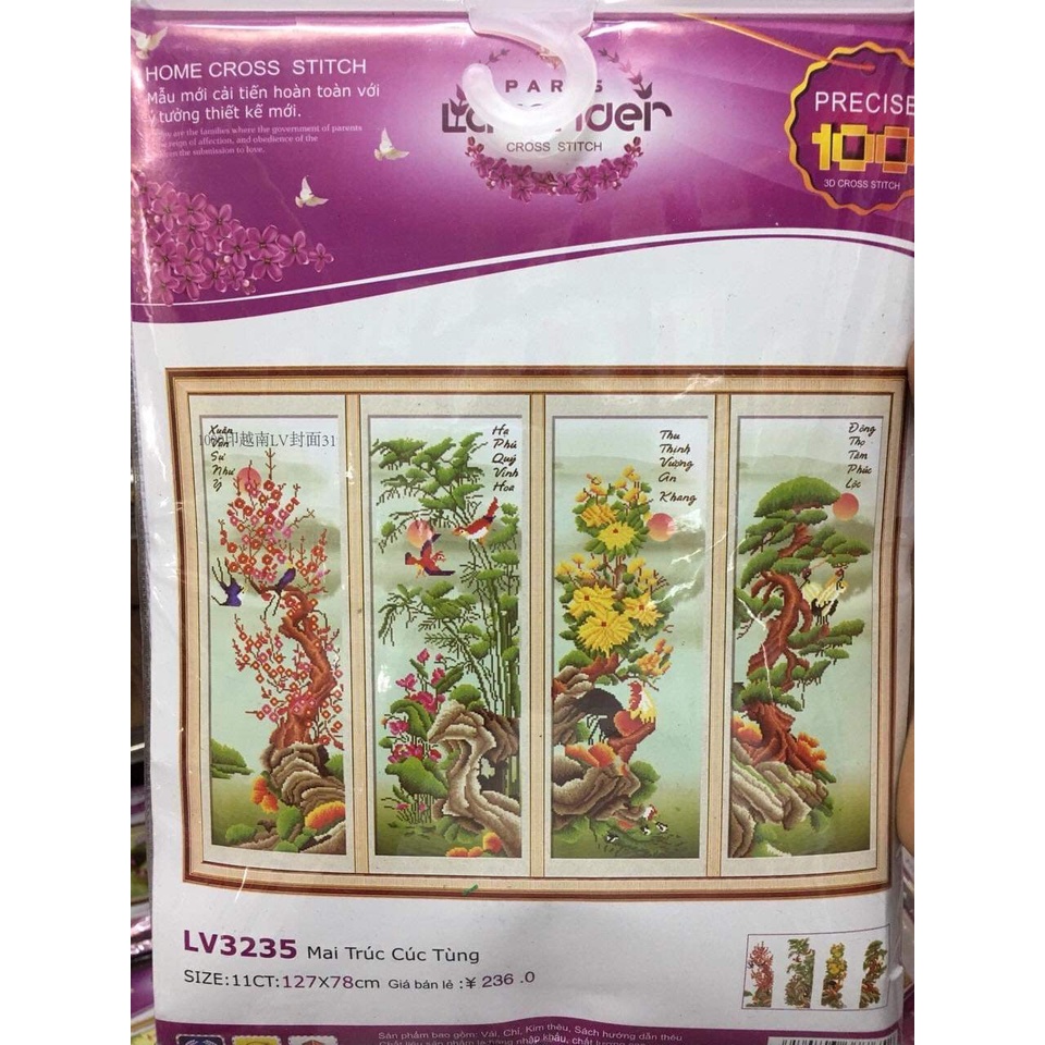 Tranh thêu chữ thập tứ quý KT:127x78cm,tranh chưa thêu.Tặng kéo và xỏ chỉ.