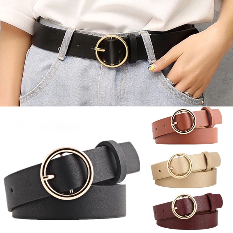 Dây thắt lưng da giả có khóa cài tròn kim loại phong cách đơn giản thời trang dành cho nữ