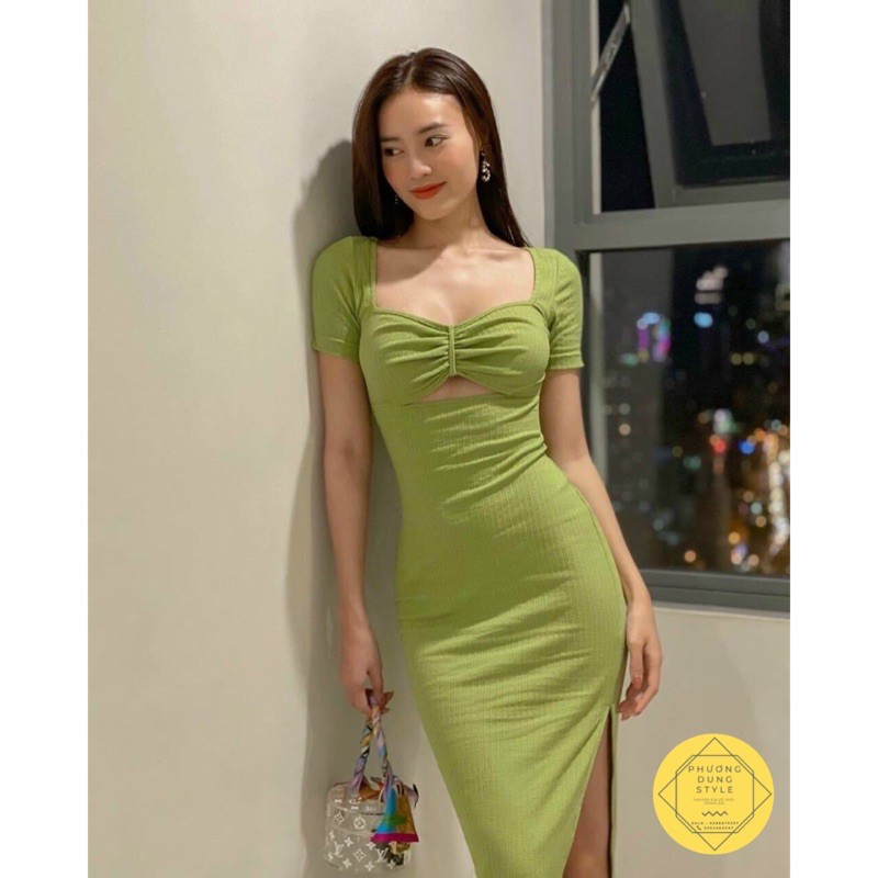 Đầm body khoét ngực xẻ đùi thun gân free size dưới 52kg