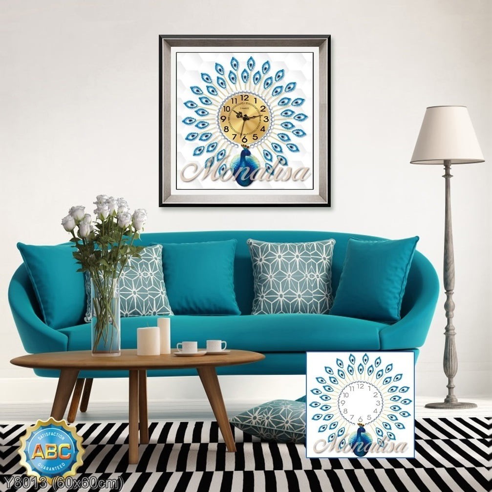 Tranh đính đá Đồng hô` con công màu xanh (Y8013) 💥 kích thước 60*60 cm 📌