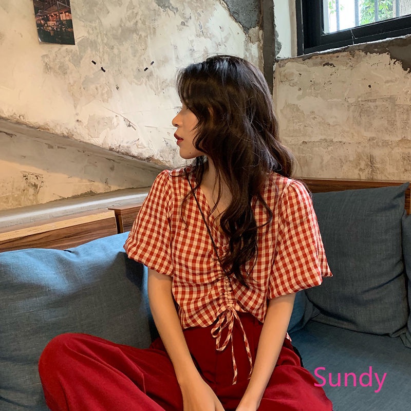 Áo Croptop Cổ Chữ V Kẻ Sọc Caro Phối Dây Rút Phong Cách Hàn Quốc Cho Nữ