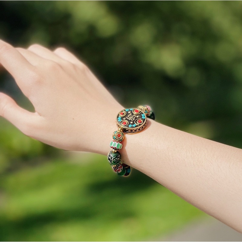 Vòng đeo tay Lưu Ly Tây Tạng mix charm đồng Inlay và Bát Nhã Tâm Kinh - Bình an may mắn hợp trợ duyên lành