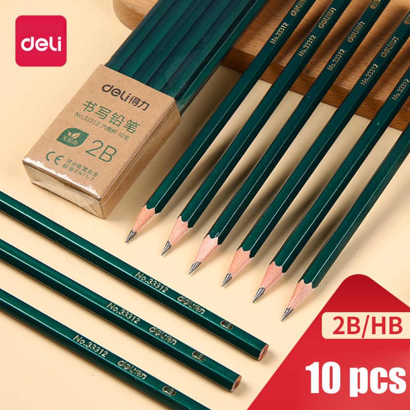 Bút chì Deli 2B, HB, chì mềm nét đẹp, khó gẫy  10 chiếc  - Soleilshop