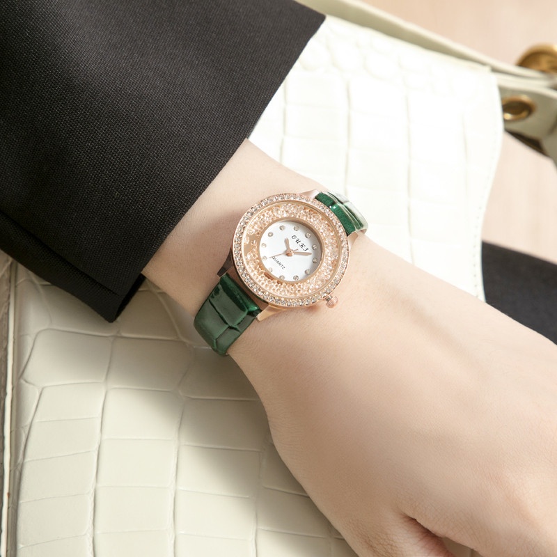 Đồng hồ quartz đính hạt đá với dây đeo da sang trọng