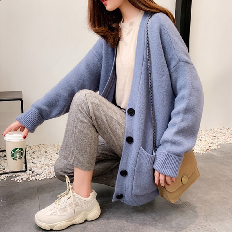 Áo Khoác Cardigan Dệt Kim Form Rộng Màu Trơn Xinh Xắn Dễ Thương Cho Nữ