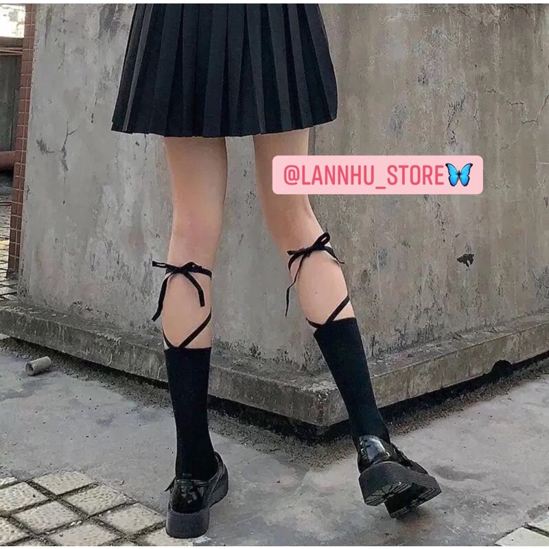 Tất thun cao có dây đan chéo siêu độc lạ cá tính - mix giày oxford hoặc sneaker