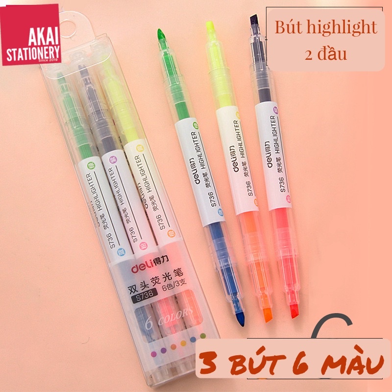 Bộ bút highlight đánh dấu dòng hai đầu dạ quang Deli nhiều màu tiện dụng cho học sinh S736