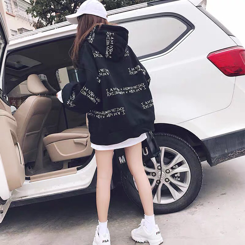 ÁO KHOÁC HOODIE UNISEX NAM NỮ MÀU ĐEN IN CHỮ HÀN QUỐC VẢI DÀY ĐẸP