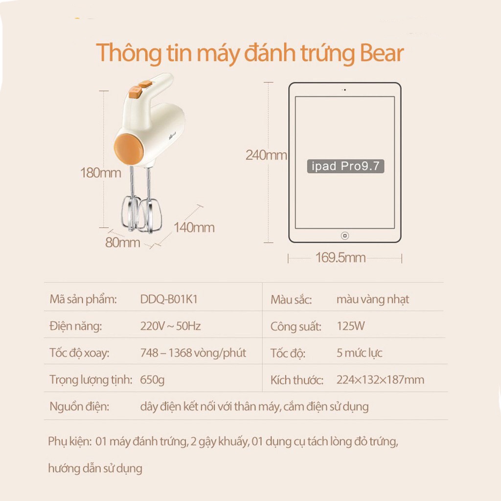 Máy đánh trứng cầm tay mini chính hãng Bear - tích hợp 5 chế độ, que đánh inox chống gỉ - L02212213