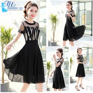 Đầm Nữ dự tiệc Váy Dáng Xòe Vải Voan Cao Cấp Đi tiệc công sở Dạo Phố Cổ Tròn Tay Ngắn Phối Ren Lưới Màu Đen TH128