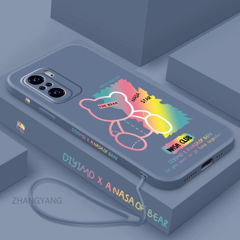 Ốp Điện Thoại TPU Silicon Viền Thẳng Họa Tiết Gấu Kèm Dây Đeo Cho Redmi note 10 pro note 10