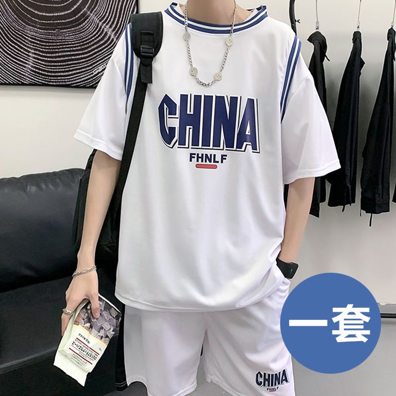Summer ice silk fake two-piece sportswear suit 2021 new men's fashion casual short-sleeved t-shirt basketball shorts
