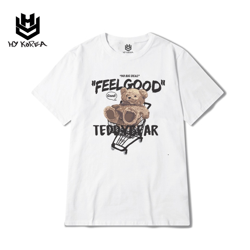 Áo Thun Tay Lỡ HY Korea Form Rộng Nam Nữ Vải Cotton 100 In Hình TeddyBear 345