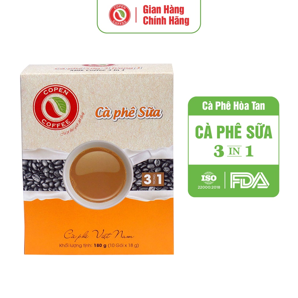 Hộp Cà phê hòa tan Copen Coffee - Tinh chất cà phê tự nhiên - Cà phê sữa 3 trong 1 (Hộp 180g/ 10 gói)