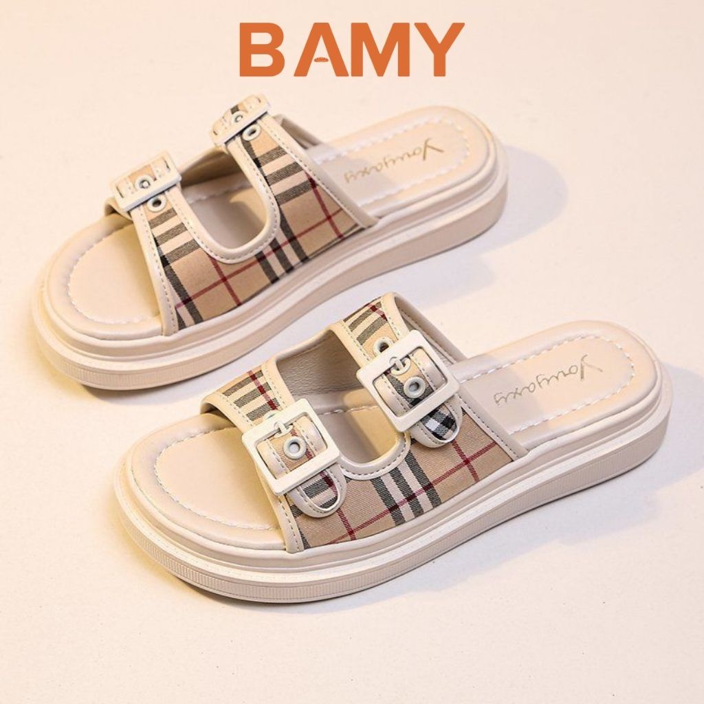 Dép Sandal nữ 2 quai ngang gắn Khuy Vuông BAMY, Dép thời trang nữ Hàn Quốc đế bằng cao 3cm