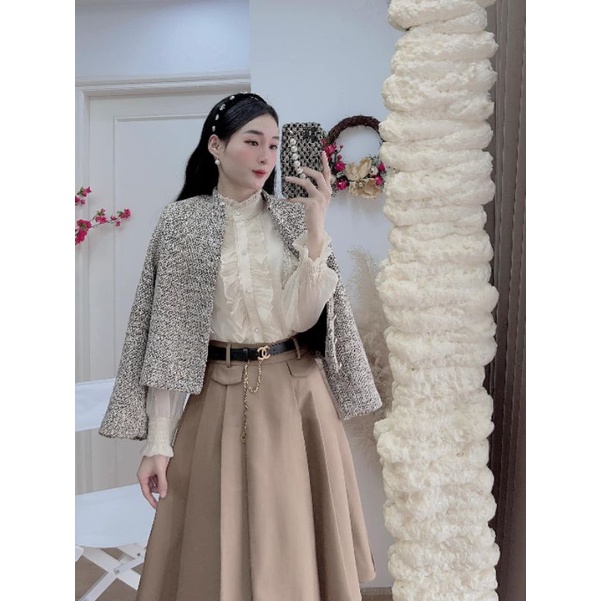 Áo Sơ Mi Nữ Ms.0261 Áo Thiết Kế Cổ Tàu Phối Vèo, Dáng Suông Tay Dài Chất Tơ Nhũ Hai Lớp Sang Chảnh