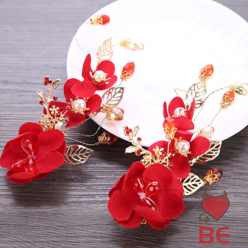 YADORNOS Kẹp tóc hình hoa đính pha lê màu đỏ trang trí tóc cô dâu