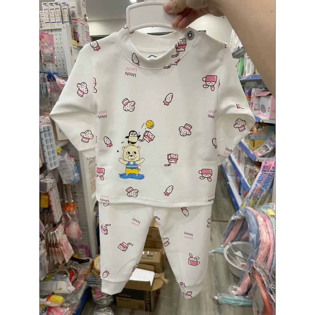 Bộ dài unchi cài vai cotton nỉ họa tiết cho bé