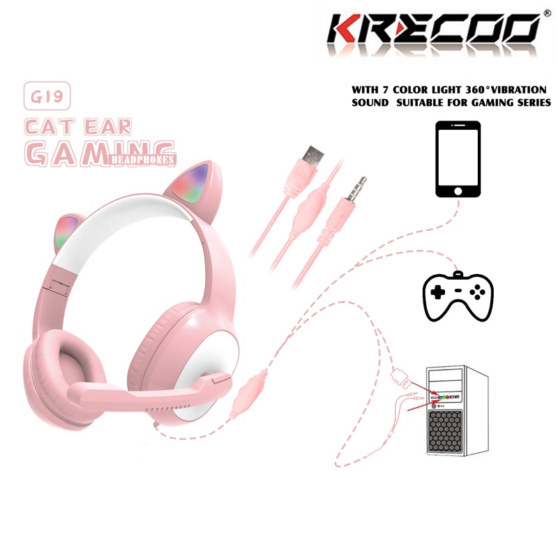 KRECOO Tai Nghe Mèo Kết Nối Chụp Tai Headphone Dễ Thương Có Mic Âm Bass Mạnh Mẽ Siêu dễ