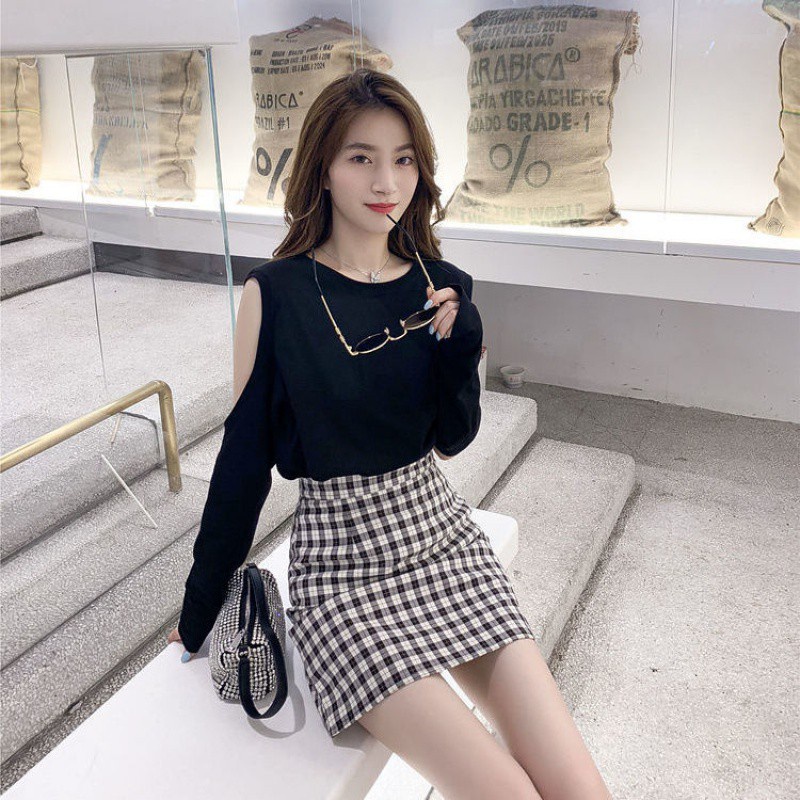 Sneaky Design College Style off-the-ShoulderTT-shirt Top High Waist Plaid Skirt Hip-Wrapped Temperament Fashion Two-Piece Set