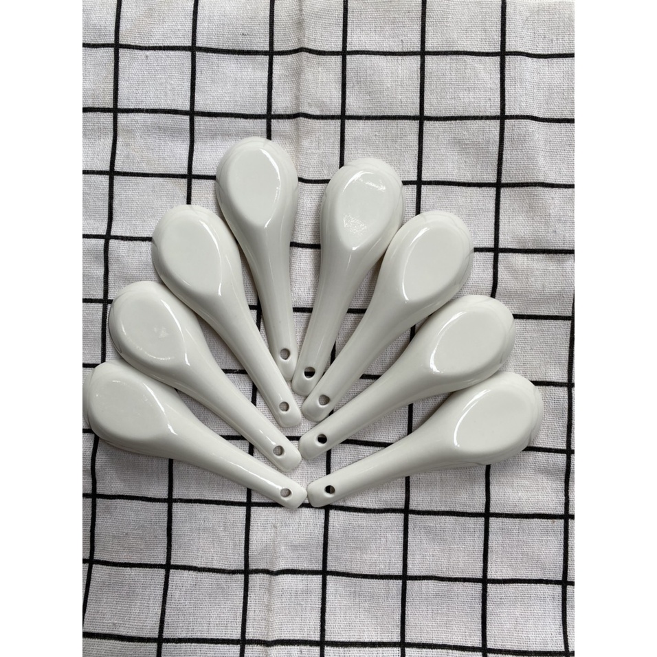 [Hộp 8c] Thìa Sứ Tráng Men Dùng Ăn Súp, Cháo, Ăn Cơm Kt: 13x4cm (ảnh thật)