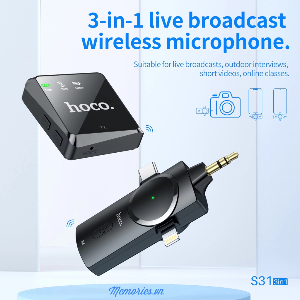 Microphone ghi âm không dây Hoco S31 (Lightning / Type C / 3 in 1) / S19 chính hãng cho điện thoại, quay video