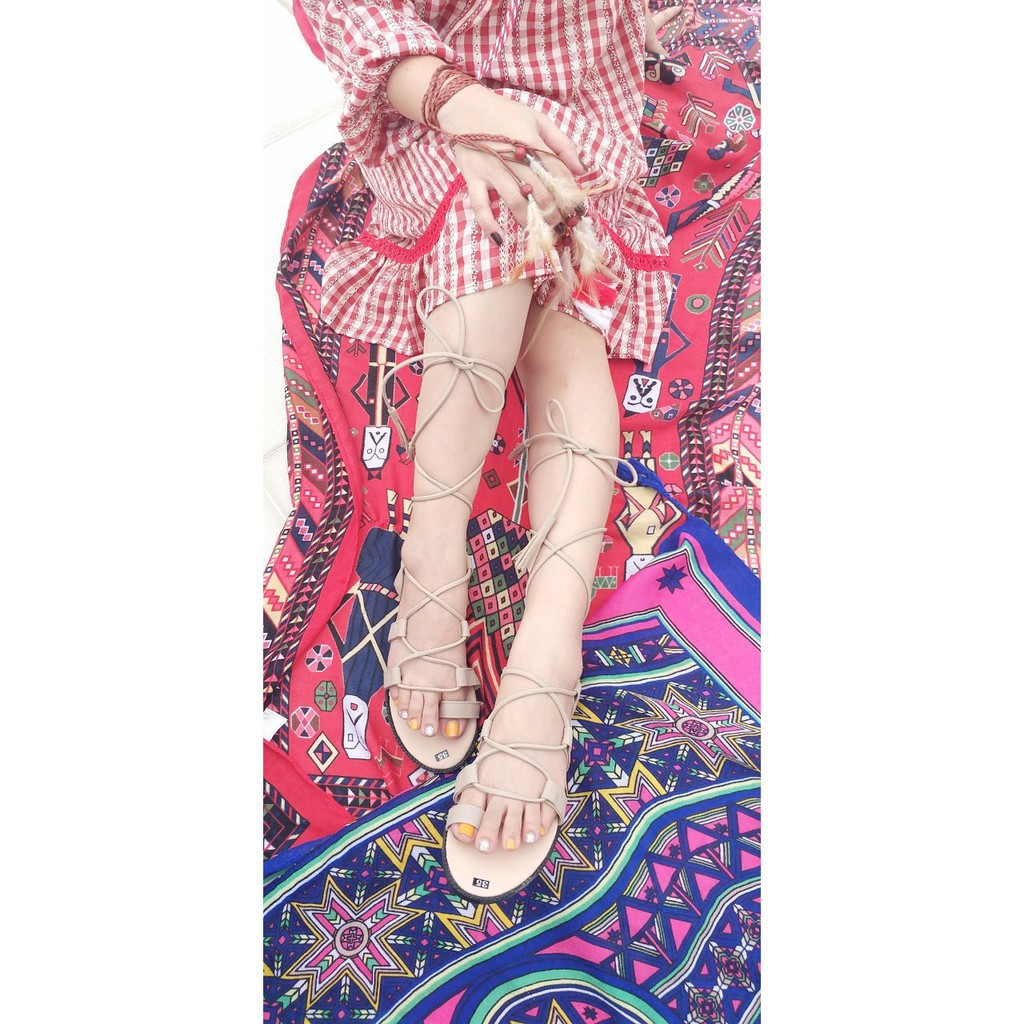 Dép Sandal Boho Cột Dây Chiến Binh Tua Rua - Boho Vintage Style