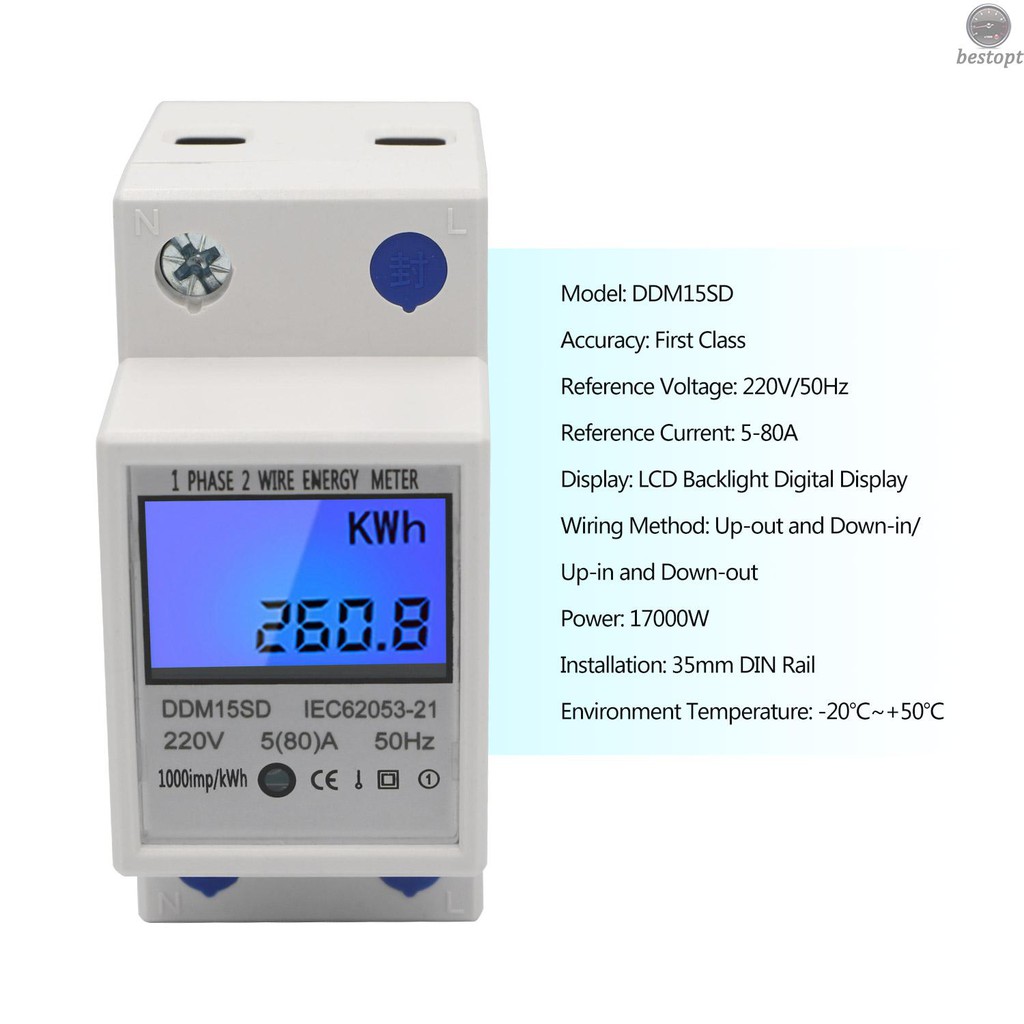 B&O Single Phase DIN-Rail Energy Meter 5-80A 220V 50Hz Electronic KWh Meter with LCD Backlight Digital Display DDM15SD