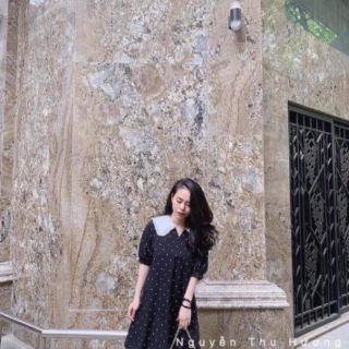 Đầm suông chấm bi pha ren cổ sen