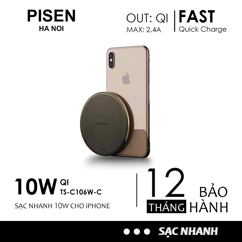 Đế sạc không dây Pisen TS-C106W-C có chuẩn sạc QI hỗ trợ sạc nhanh Chính Hãng