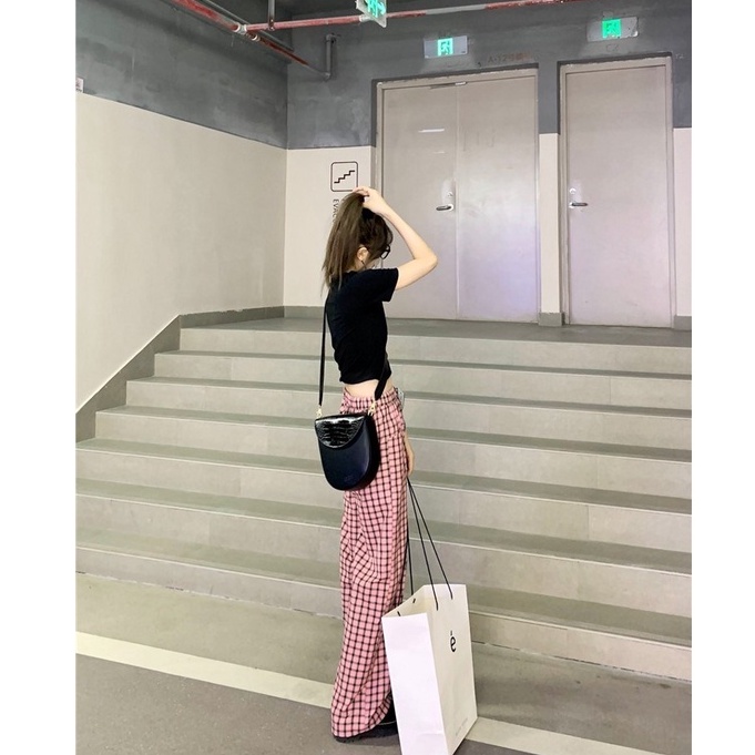 Quần ống rộng Họa Tiết Sọc Caro Phối Dây Rút Thời Trang Trẻ Trung Cho Nữ