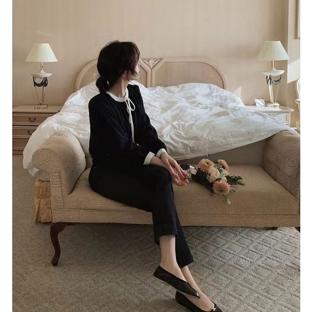 Áo Sơ Mi Tay Dài Buộc Dây Màu Đen Thanh Lịch Dành Cho Nữ 49305