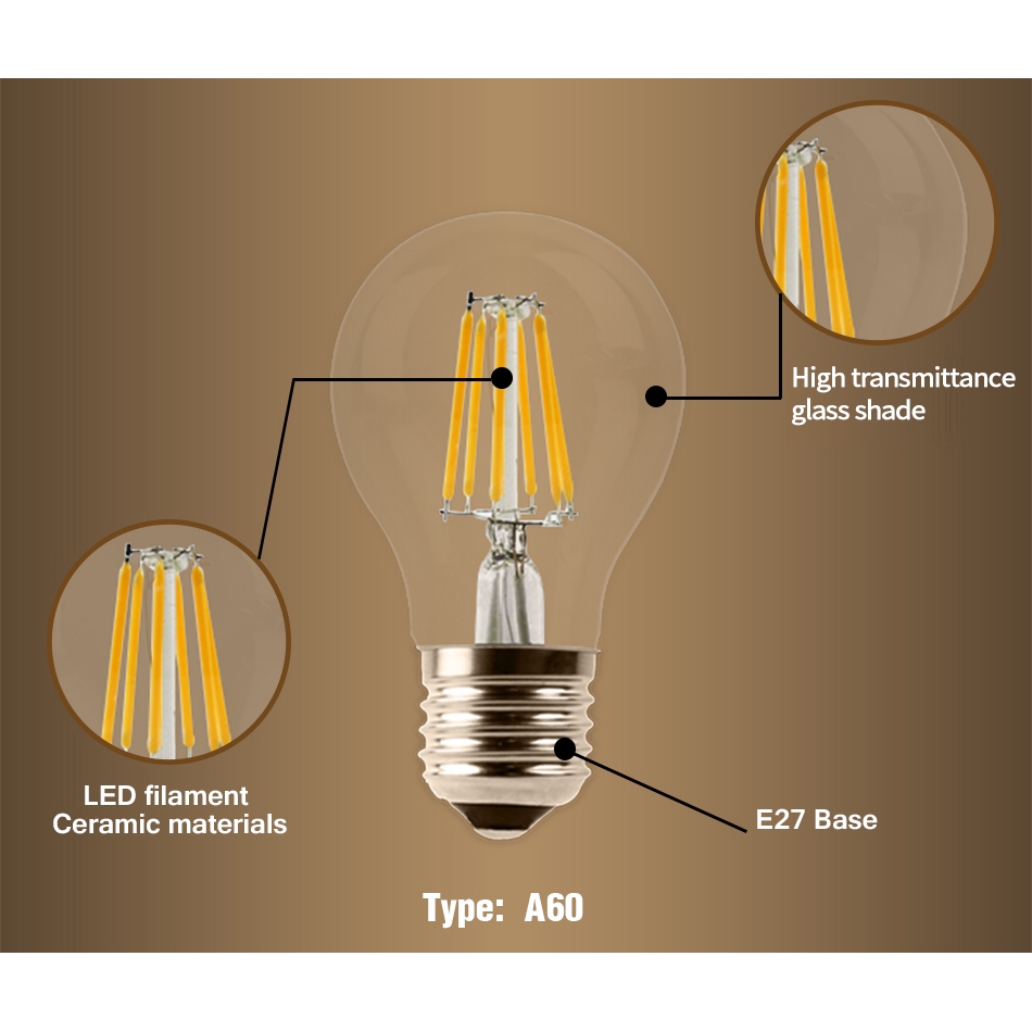 A60 LED Filament Bulb E27 Retro Edison Lamp 220V Vintage Candle Light Dimmable Globe Ampoule Lighting COB Home Decor