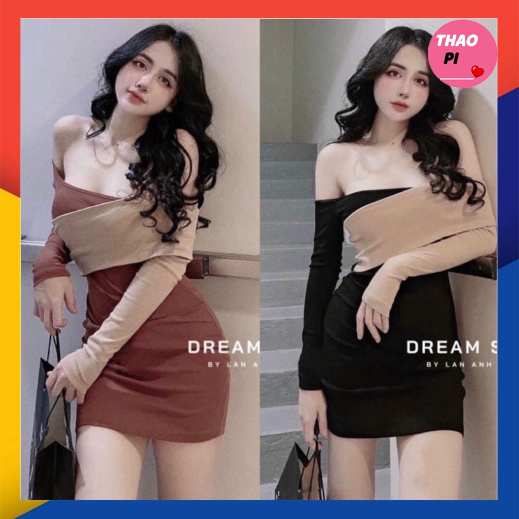 Đầm body trễ vai tay dài vạt xéo siêu đẹp và quyến rũ kèm hình thật