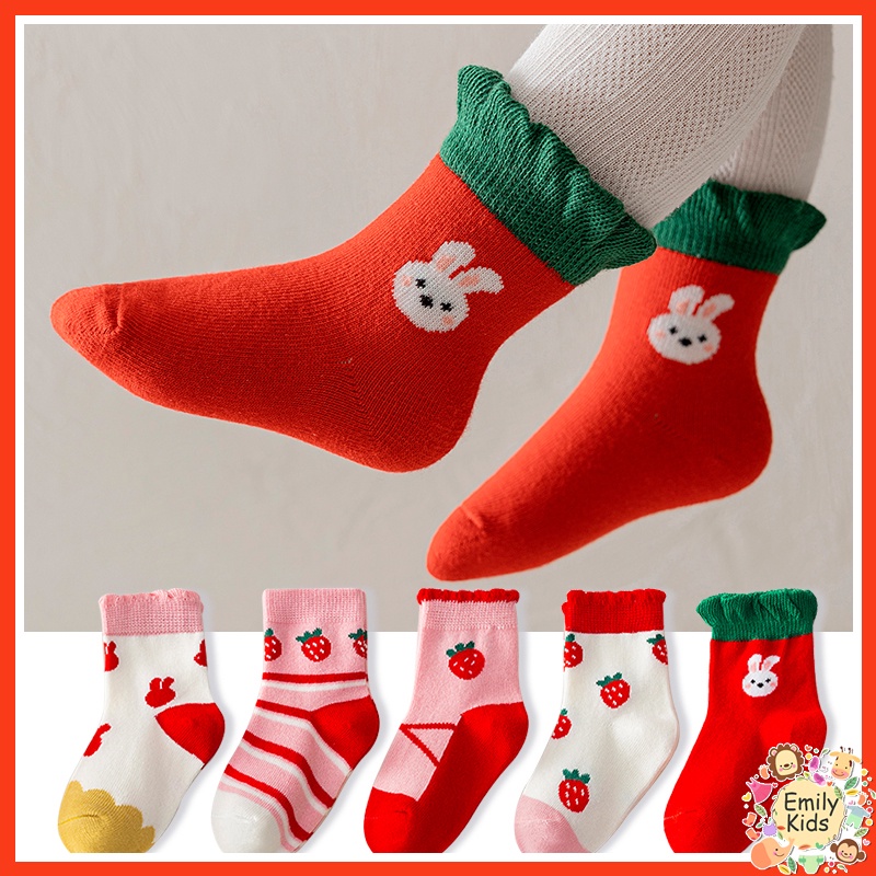 Set 5 Đôi Vớ Cotton Kẻ Sọc In Hình Thỏ / Dâu Hoạt Hình Thoải Mái Chất Lượng Cao Cho Bé Trai Và Gái 1-12 Tuổi