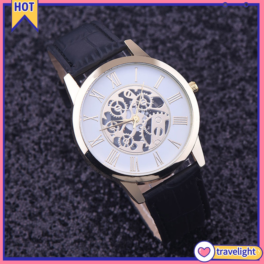 (Travelight) Đồng hồ đeo tay bộ máy quartz mặt hình tròn họa tiết cơ học rỗng dây đeo bằng da giả thời trang cho nam