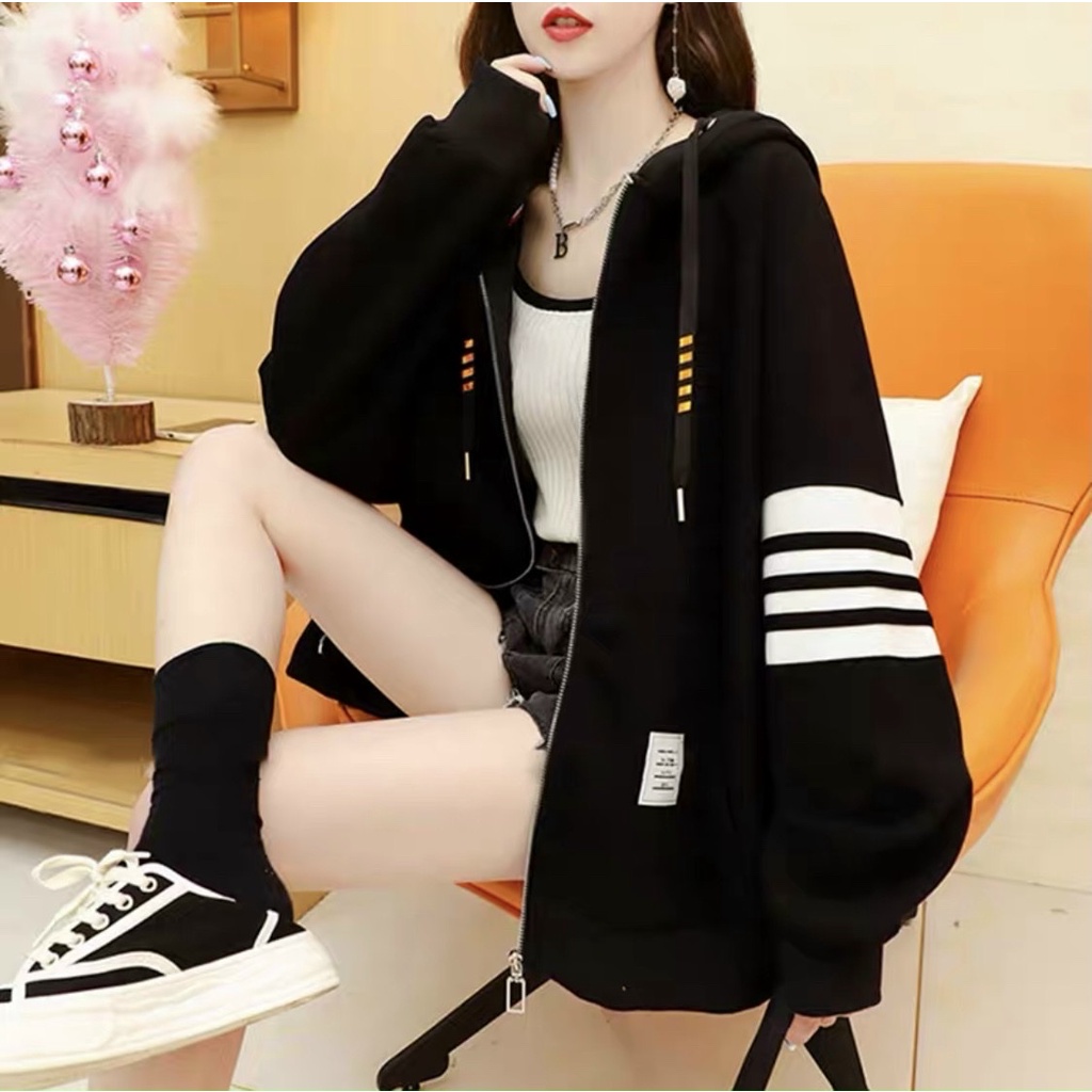 ÁO KHOÁC NỈ NAM NỮ PHỐI 3 SỌC TAY CỰC ĐẸP, CÓ MŨ TÚI SIÊU CHẤT MỀM MỊN