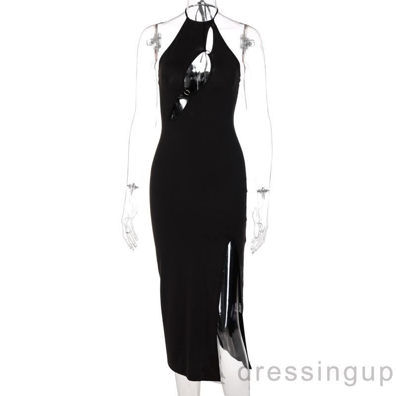 Đầm Hai Dây Cổ Tròn Màu Trơn Xẻ Tà Thời Trang Mùa Hè Cho Nữ