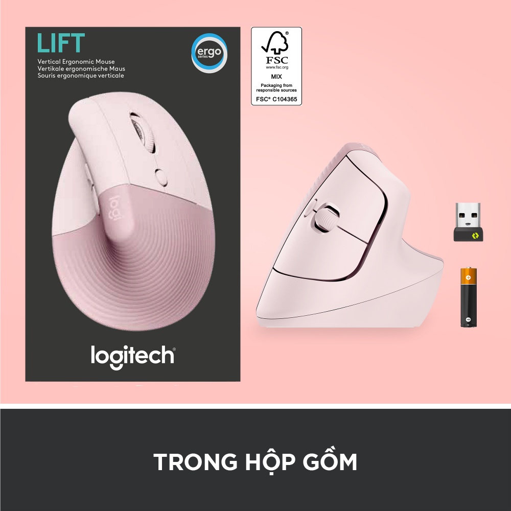 Chuột công thái học không dây Logitech Lift Vertical - Bluetooth | USB, giảm ồn, Windows/ Mac chính hãng, Vanphongstar