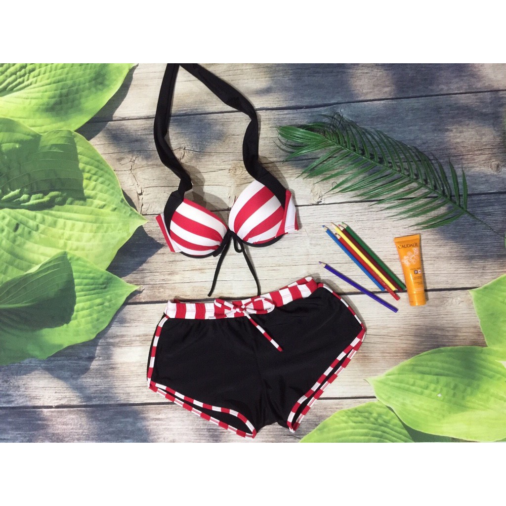 Bikini đồ bơi nữ thời trang quần short họa tiết sọc