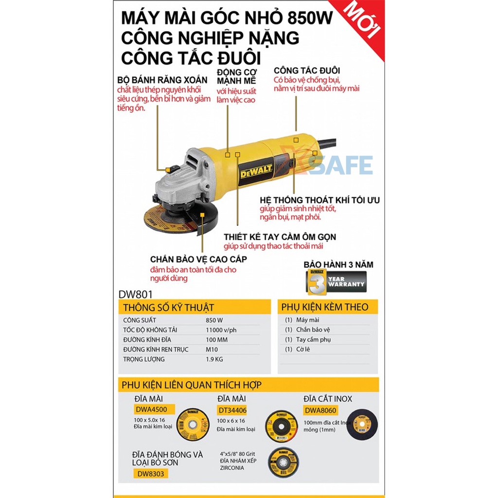 Máy mài góc cầm tay DEWALT 850W Máy cắt sắt cầm tay có bộ ly hợp bảo vệ quá tải,ren trục M10, tốc độ 11000v/p