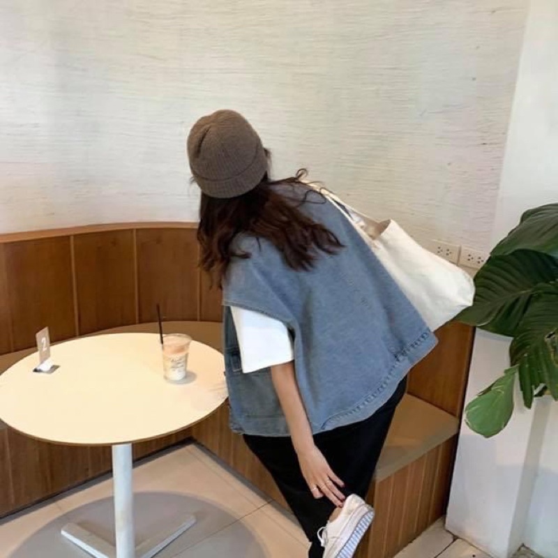 Áo khoác jean denim tay ngắn sát nách oversize - Order taobao quảng châu